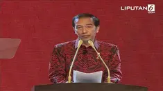 Jokowi memulai pidato dengan pekikan semangat bagi para tamu yang hadir. Merdeka! Merdeka! Merdeka! Merdeka!