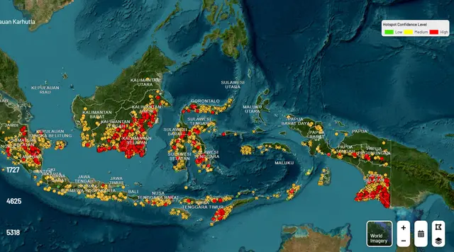 Update Sebaran Titik Api Pemicu Kebakaran Hutan di Sumatra dan Kalimantan