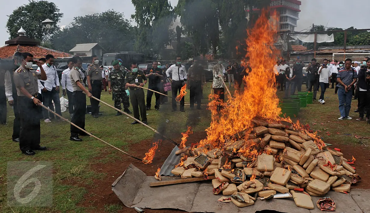 Petugas saat membakar kemasan ganja di Mapolsek Palmerah, Jakarta Barat, Senin (15/6/2015). Barang bukti yang dimusnahkan berupa 10.286 botol miras, 561 kg ganja, 1,4 kg sabu, 7.668 butir ekstasi, 1.000 butir psikotropika. (Liputan6.com/Johan Tallo)