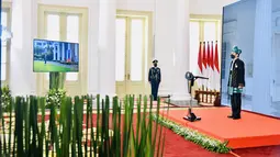 Presiden Joko Widodo memimpin upacara Hari Kelahiran Pancasila secara virtual di Istana Bogor, Jawa Barat, Selasa (1/6/2021). Khususnya saat ini tantangan yang dihadapi Pancasila lebih berat yaitu meningkatnya rivalitas dan kompetisi termasuk antar pandangan. (FOTO:Biro Pers Kepresidenan)
