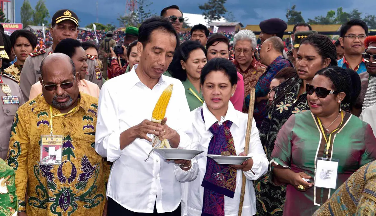 Presiden Joko Widodo dan Ibu Negara, Iriana saat akan mencicipi jagung bakar ketika mengikuti ‎upacara Bakar Batu bersama masyarakat Pegunungan Tengah Papua di Stadion Mini Pendidikan, Distrik Wamena, Kabupaten Jayawijaya‎, Rabu (30/12). (Rumgapres)