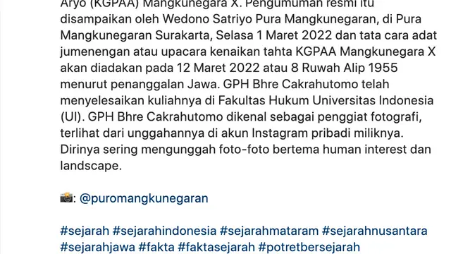 Unggahan soal KGPAA Mangkunegara X. (Foto: Dok. Instagram @mataramroyalblood)