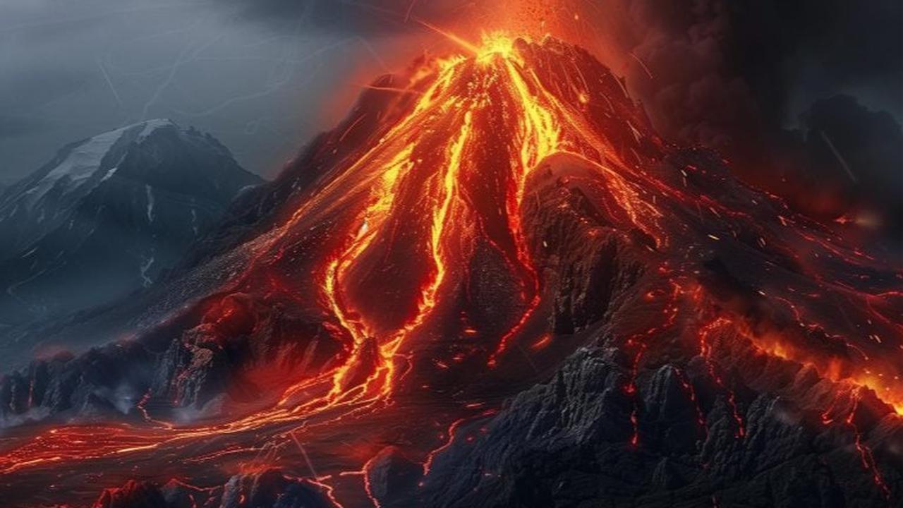Ilustrasi letusan gunung purba ratusan juta tahun lalu.