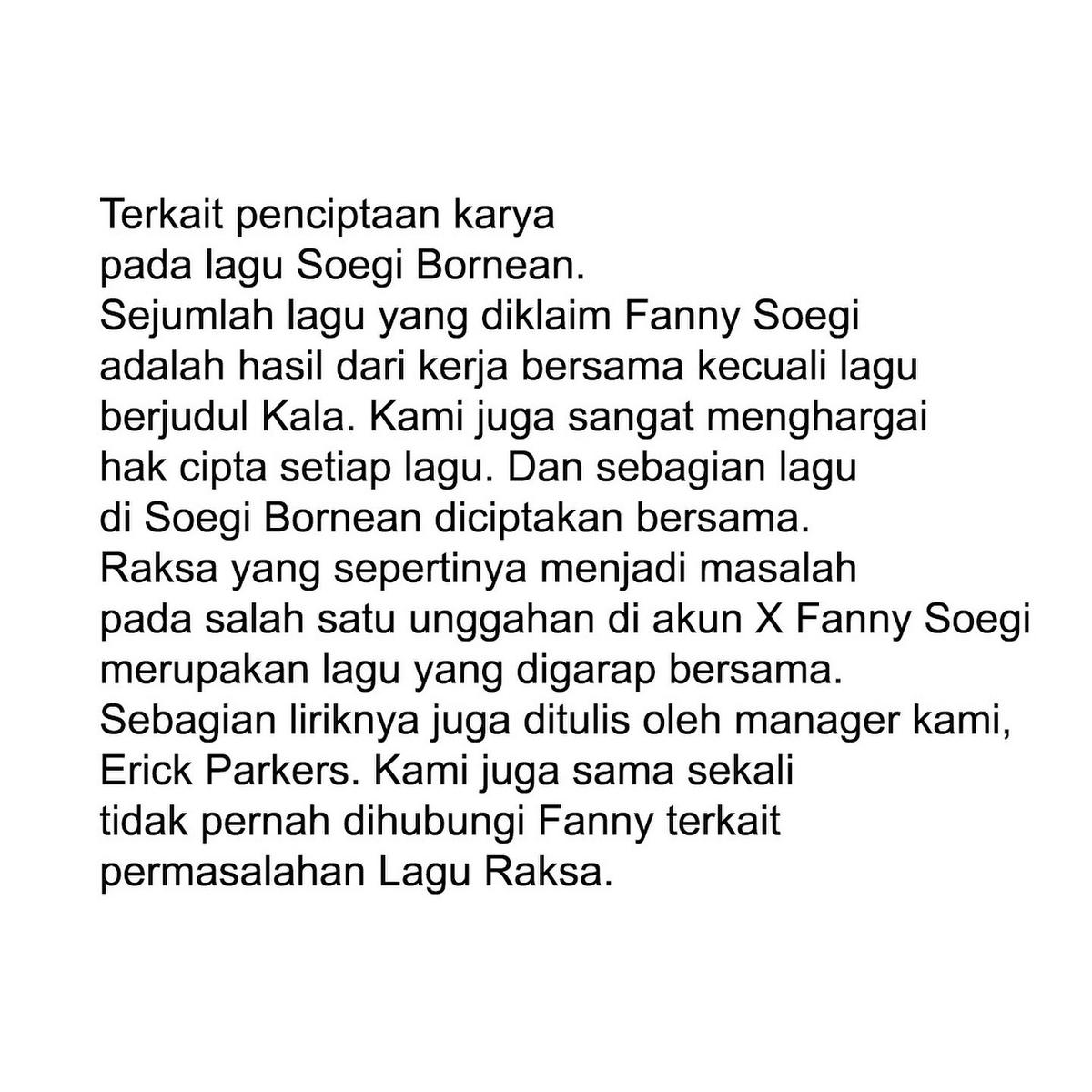 Soegi Bornean Beri Jawaban soal Curhat Fanny Soegi di Twitter/X