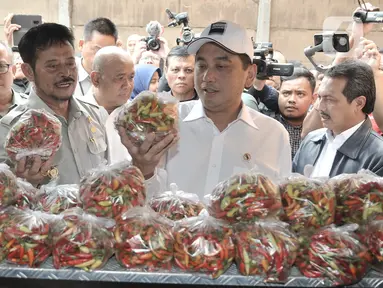 Menteri Perdagangan Agus Suparmanto (kanan) dan Menteri Pertanian Syahrul Yasin Limpo memeriksa cabai saat inspeksi mendadak (sidak) ke Pasar Senen, Jakarta, Senin (3/2/2020). Sidak dilakukan untuk memantau harga bahan pokok yang dijual pedagang. (merdeka.com/Iqbal Nugroho)