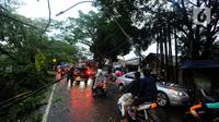 Tiang PJU terkena dampak akibat pohon tumbang di pinggir Jalan Raya Sawangan Depok, Minggu (09/10/20222). Setelah hujan es disertai angin kencang , banyak rumah warga yang bocor, angin kencang menumbangkan pohon-pohon besar di jalan Hingga memacetkan jalan. (merdeka.com/Arie Basuki)