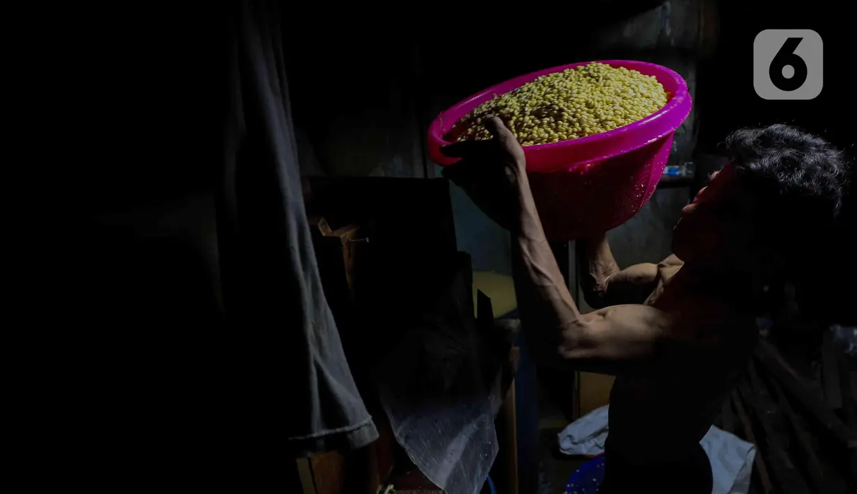Pekerja mengangkat kedelai untuk produksi tahu tempe di Jakarta, Selasa (15/4/2025). (Liputan6.com/Herman Zakharia)