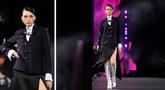 Foto kombinasi Tamara Dai berjalan di catwalk mempersembahkan kreasi untuk L'Oreal selama peragaan busana Spring-Summer 2023 sebagai bagian dari Paris Womenswear Fashion Week, di Paris, pada 2 Oktober 2022. (AFP/Julien De Rosa)