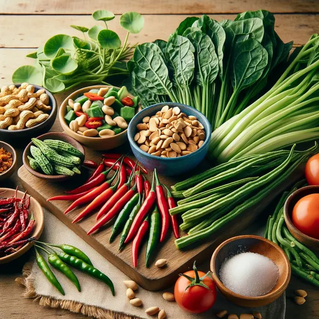 illustrasi bahan-bahan masakan kangkung (rujak kangkung)