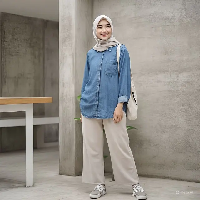 Kemeja Denim Loose dengan Celana Kulot