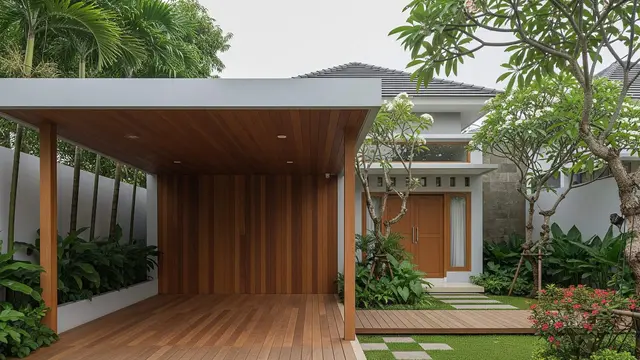 Carport Kayu Alami yang Menyatu dengan Taman Rumah