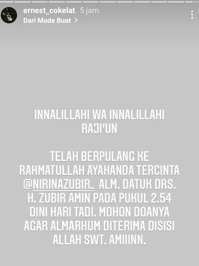 Unggahan Ernest Fardiyan Syarif, suami Nirina Zubir. (Foto: Instagram @ernest_cokelat)