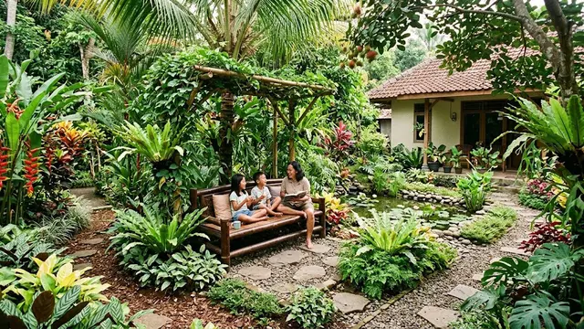 Inspirasi Taman Rumah dengan Nuansa Hutan Tropis sebagai Solusi Halaman Asri dan Estetik Model Menyediakan Area Duduk di Tengah Taman