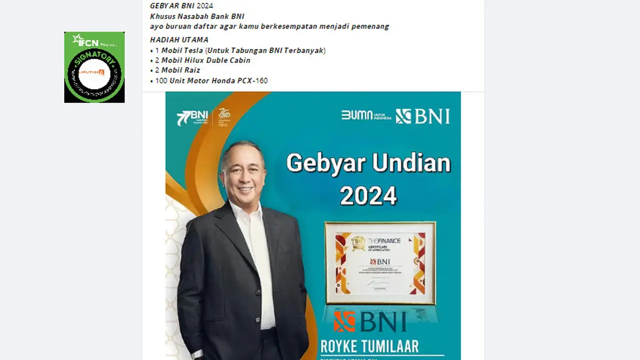 Tangkapan layar klaim gebyar BNI 2023 berhadiah mobil dan motor