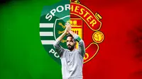 Ilustrasi - Ruben Amorim, Logo Sporting CP dan MU (Bola.com/Adreanus Titus)