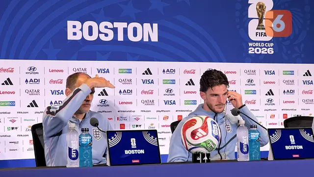 Konferensi pers Timnas Inggris di Boston, Amerika Serikat, Senin (22/6/2026), yang dihadiri Thomas Tuchel dan Declan Rice