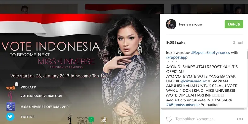 Yuk Kita Dukung Kezia Warouw Raih Mahkota Miss Universe 2016