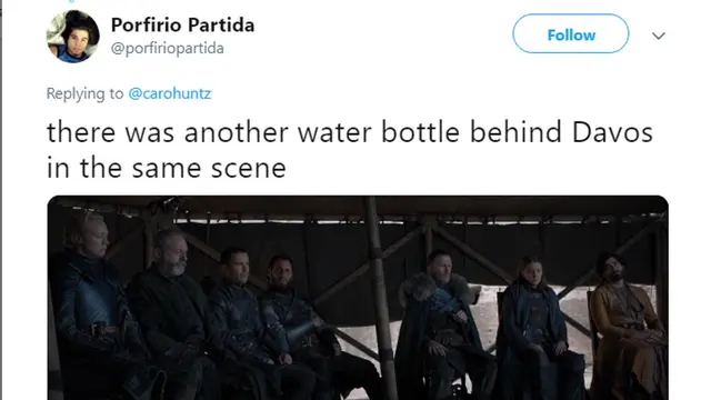 Heboh botol plastik di Game of Thrones Season 8 Episode 6 (Twitter/ @porfiriopartida)