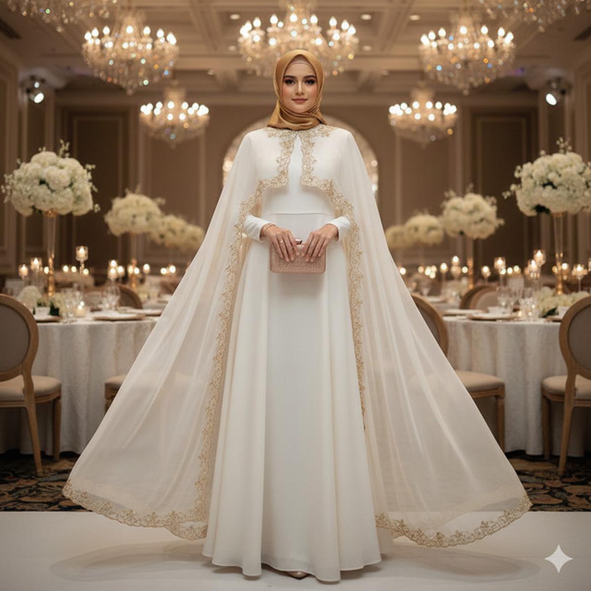 7 Model Gamis Cloud Dancer Kombinasi Gold untuk Kondangan Glamor, Tampil Mewah Tanpa Berlebihan