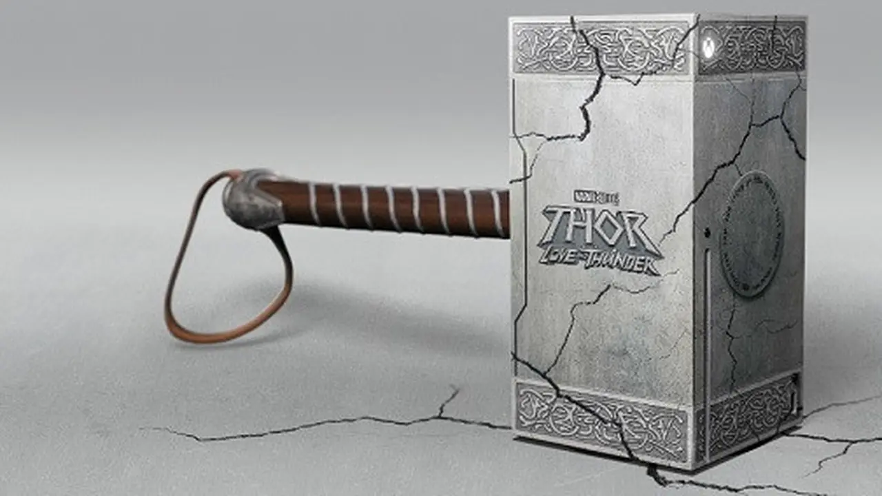 Tampilan Xbox Series X edisi Thor: Love and Thunder yang berbentuk Mjolnir (Twitter Xbox)