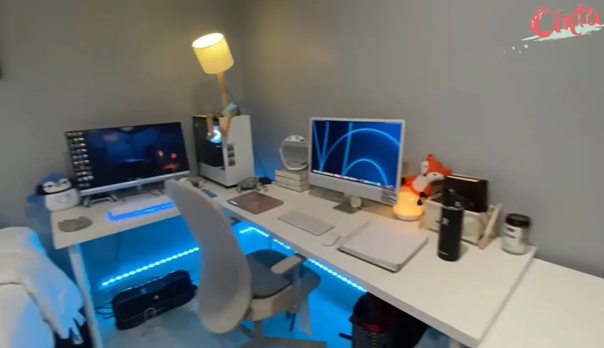 Di sebelah ranjang tempat tidur warna putih terdapat meja belajar hingga bermain game. Dua komputer besar dan juga satu laptop. Di bawah meja komputer terdapat lampu ice blue. [Youtube/Cinta]