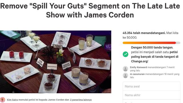 Tangkapan layar https://www.change.org/p/james-corden-remove-spill-your-guts-segment-on-the-late-late-show-with-james-corden