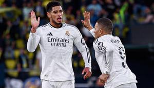 Jude Bellingham dan Kylian Mbappe dalam pertandingan Villarreal vs Real Madrid di El Madrigal, Minggu dini hari WIB (16-3-2025). (Bola.com/X @realmadriden)