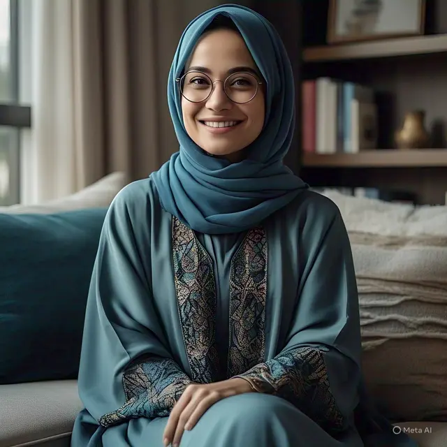 Padu padan gamis dan hijab cocok untuk wanita usia 40-an agar tampil cantik elegan dan anggun. (Foto: Meta AI)