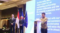 Menteri Pertanian Syahrul Yasin Limpo saat acara National Day European Union 2023 di Jakarta, Selasa (9/5/2023).