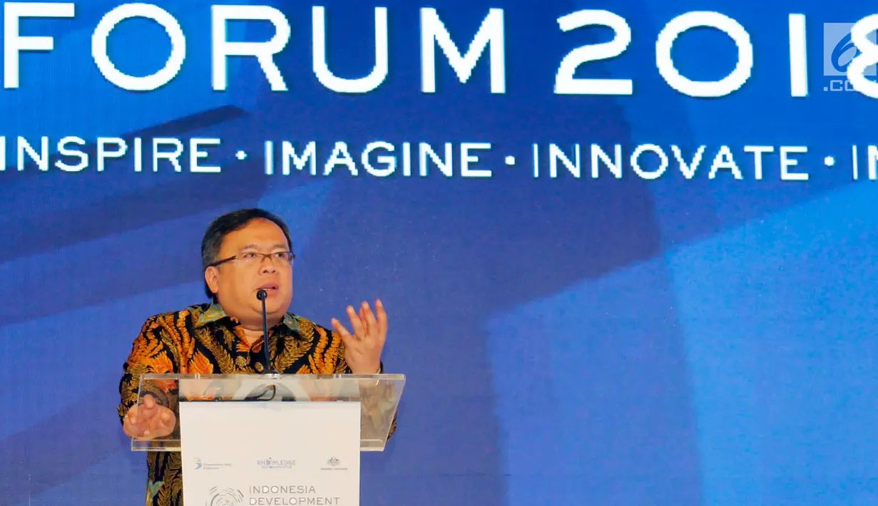 Menteri PPN / Kepala Bappenas, Bambang Brodjonegoro memberikan sambutan pada Indonesia Development Forum (IDF) 2018 di Jakarta, Selasa (10/7). IDF 2018 mengusung tema sejalan dengan agenda Nawa Cita Presiden Jokowi. (Liputan6.com/HO/Bappenas)