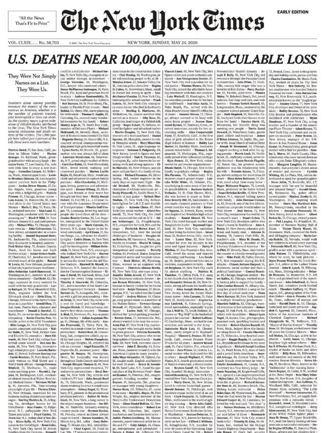 Nyaris 100 000 Kematian Di As Halaman Depan New York Times Muat Nama Korban Covid 19 Global Liputan6 Com