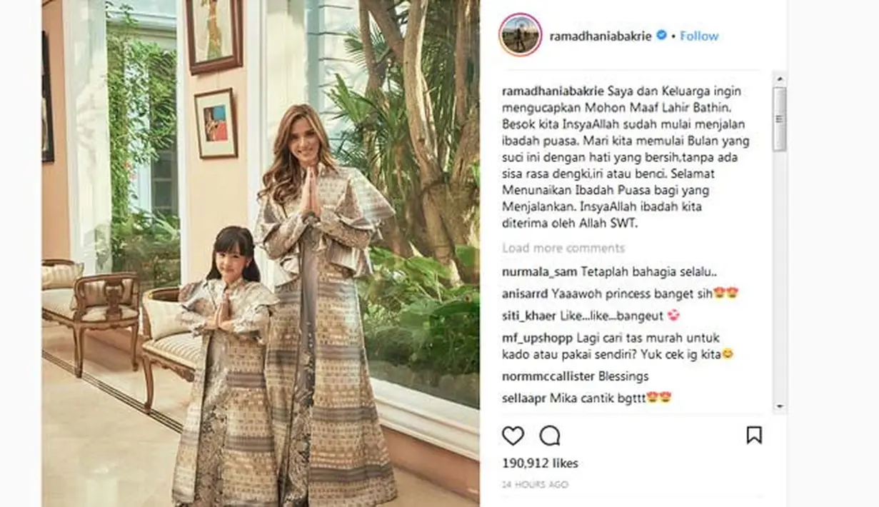 Dalam keterangan fotonya, Nia menuliskan permohonan maaf atas nama keluarga dalam rangka menyambut Ramadan. Ia juga mengajak agar kembali memulai kehidupan di Ramadan ini dnegan hati yang bersih. (Instagram/ramadhaniabakrie)