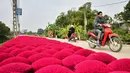 Pengendara melintas dekat tumpukan kulit bambu yang dijemur untuk membuat batang dupa di desa Quang Phu Cau, Hanoi, 3 Januari 2019. Selama puluhan tahun desa yang dijuluki Desa Dupa ini membuat dupa untuk perayaan di Vietnam. (Manan VATSYAYANA/AFP)