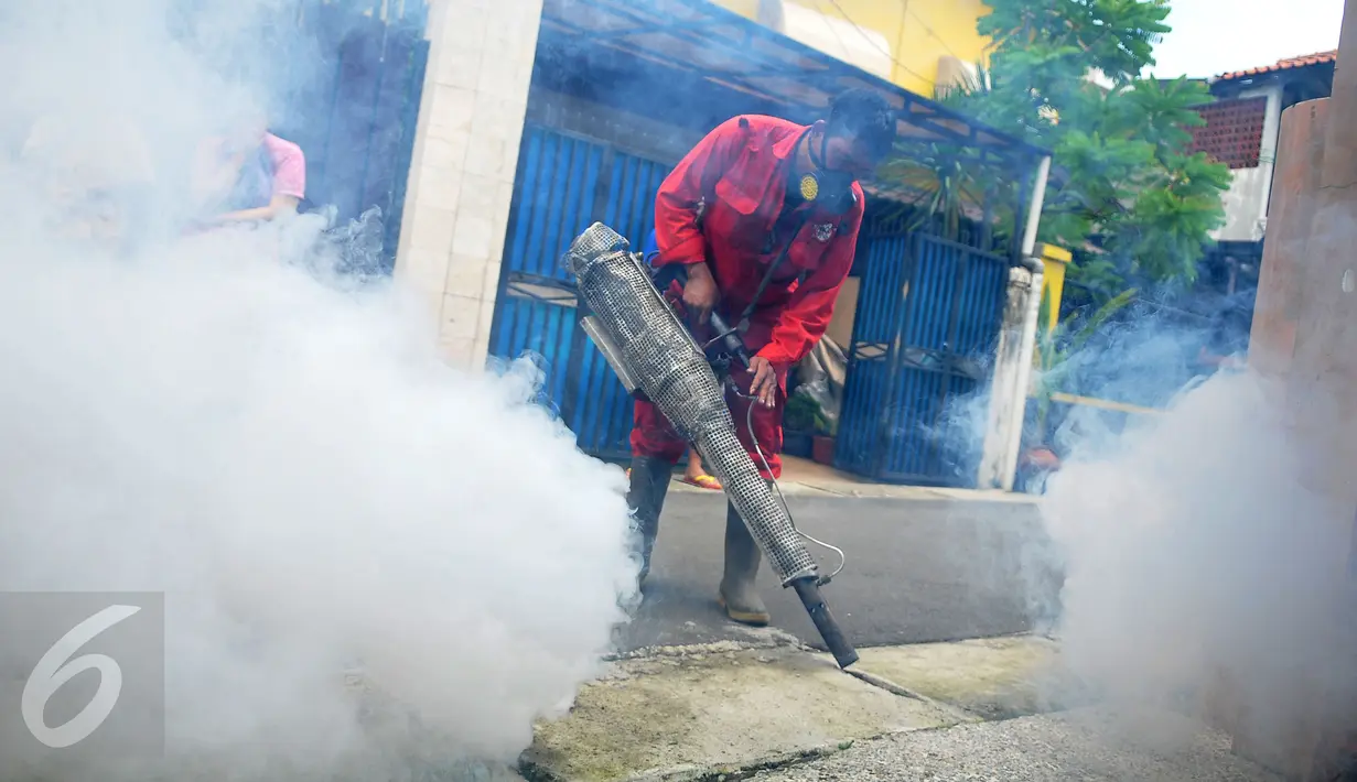 Seorang petugas melakukan pengasapan (fogging) di pemukiman warga di Kebayoran Baru, Jakarta, Sabtu (13/2). Fogging dilakukan guna mencegah wabah penyakit demam berdarah yang sering muncul pada musim hujan. (Liputan6.com/Gempur M Surya)