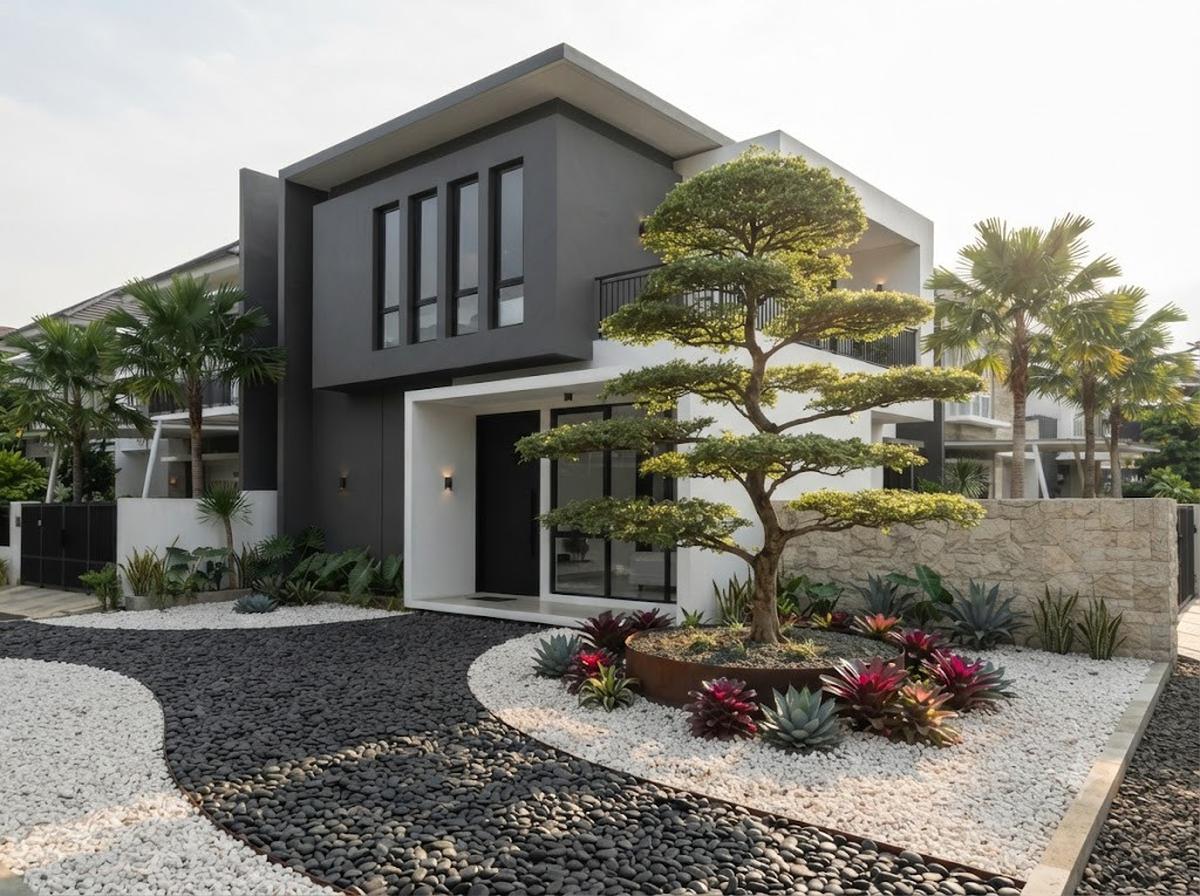 Gravel Garden Bernuansa Tropis dengan Batu Kali