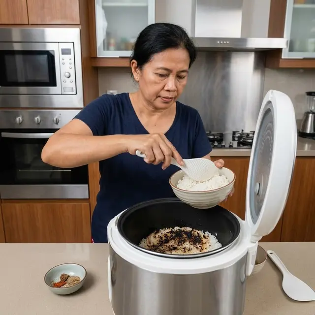 Mengambil nasi dari ricecooker