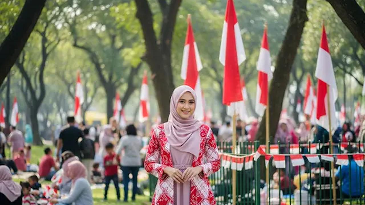 Dress Gamis dengan Outer Kombinasi Merah Putih/Outfit untuk Rayakan 17 Agustus (Sumber: gemini.com)