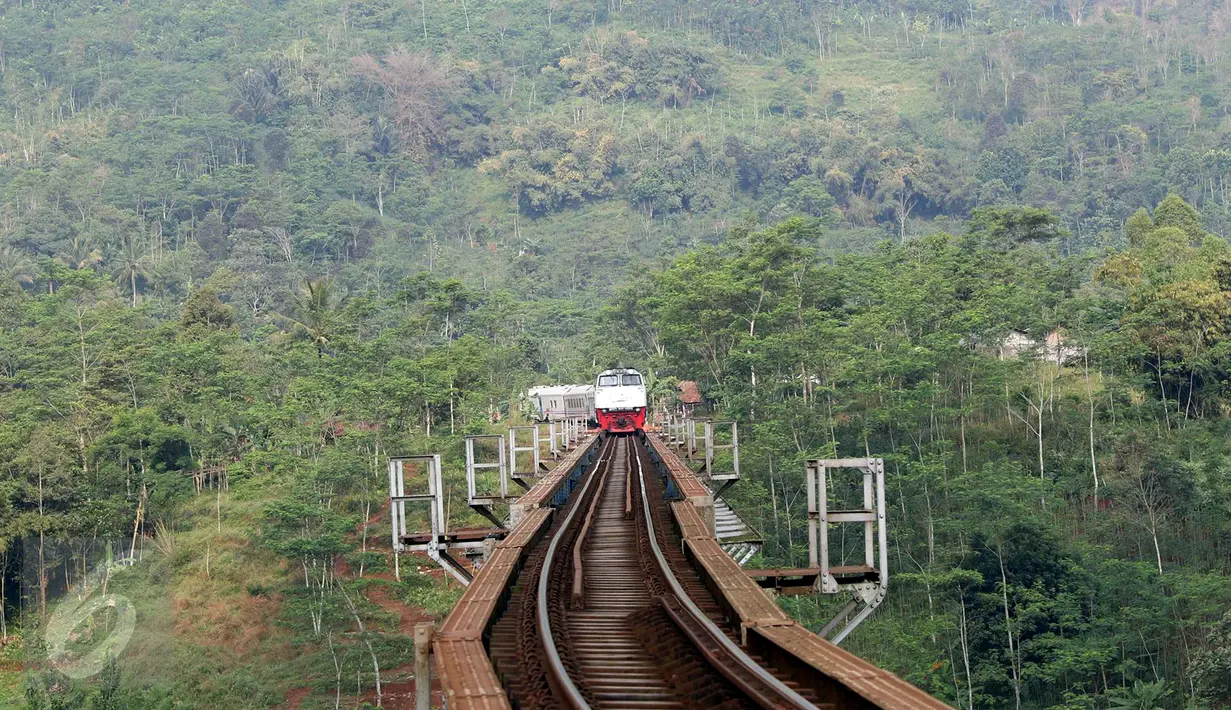 Kereta melintasi Jembatan Cikubang, Cipatat, Kabupaten Bandung Barat, 5 Juli 2016. Jembatan Cikubang sepanjang 300meter ini merupakan jembatan kereta terpanjang di Indonesia dan menghubungkan Bandung dengan Jakarta. (Liputan6.com/Immanuel Antonius)