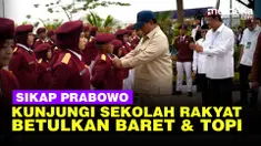 Terlihat Presiden Prabowo membetulkan baret dan dasi siswa siswi. Sikap Presiden Prabowo juga disorot, ketika dua siswa ingin mencium tangan Presiden.