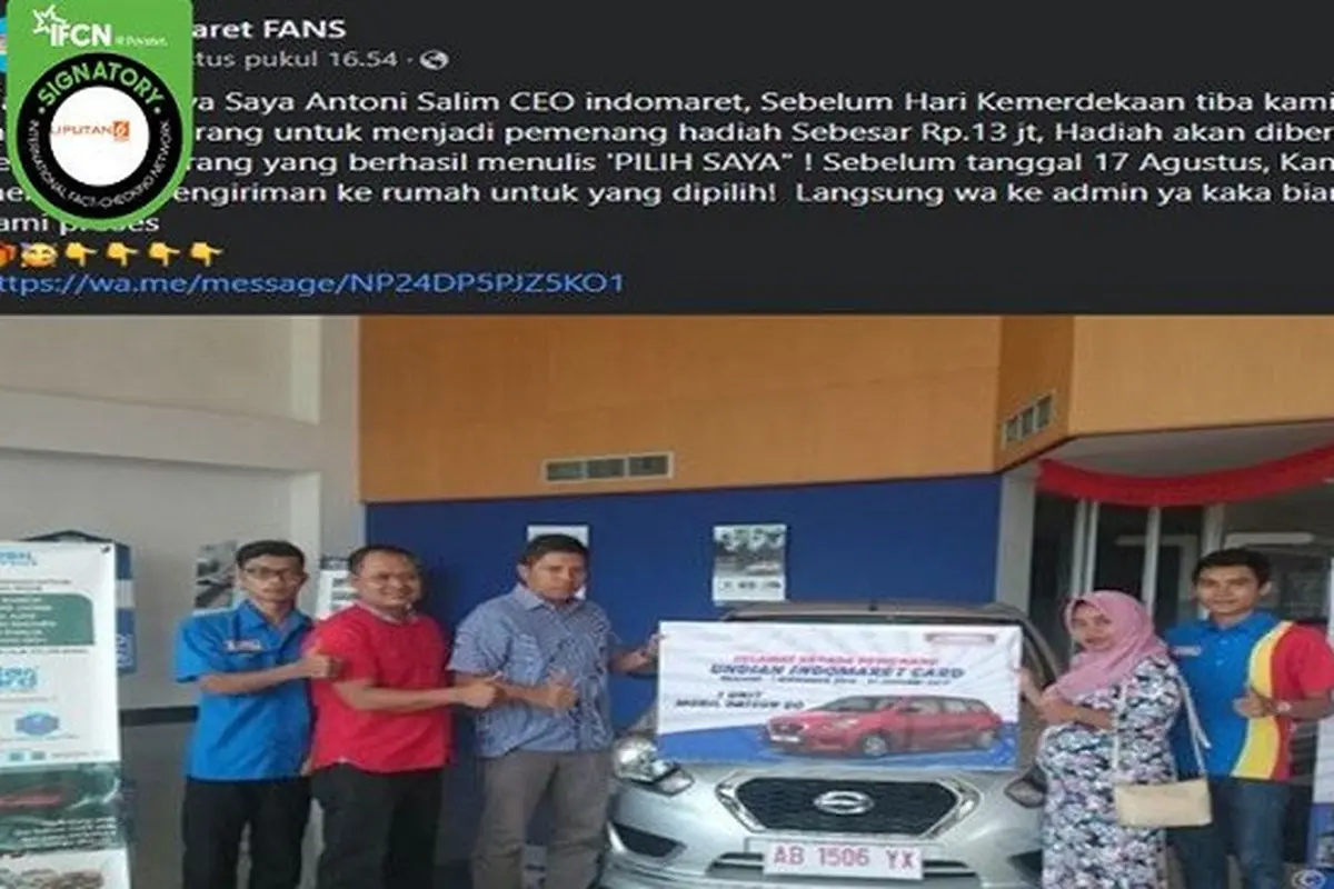 Gambar Tangkapan Layar Kabar Hoaks Indomaret Bagikan Uang Tunai Rp 13 Juta Rayakan HUT Kemerdekaan RI (sumber: Facebook).