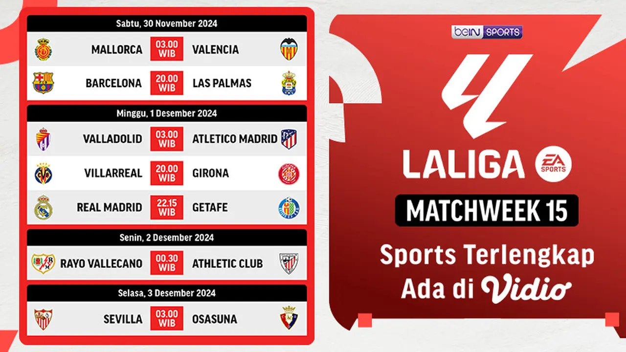 Jadwal Liga Spanyol 2024/2025 Matchweek 15