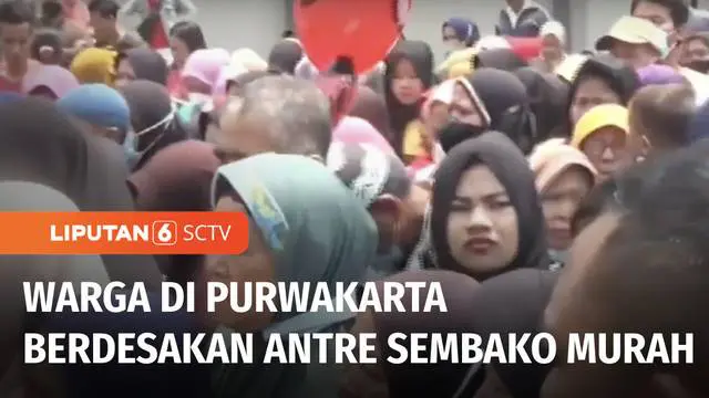 Ribuan warga Purwakarta, Jawa Barat, berdesakan untuk mendapatkan paket sembako murah. Dengan uang Rp 55 ribu, warga bisa mendapat paket sembako seharga Rp 90 ribu.
