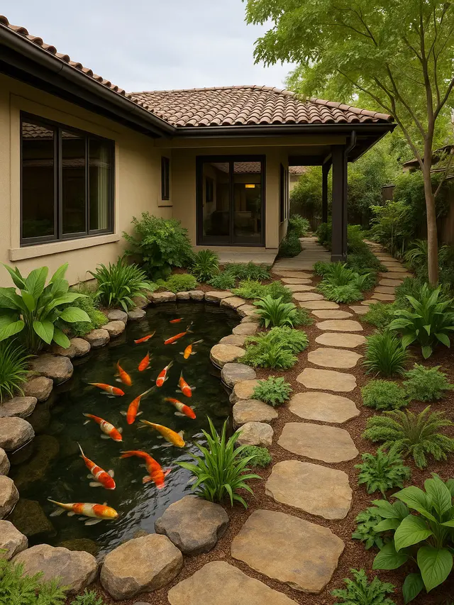 Ide Model Rumah yang Trending 2025 dengan Banyak Tumbuhan dan Kolam Ikan (Image by ChatGPT)
