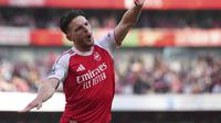 Selebrasi Declan Rice dalam laga Premier League antara Arsenal vs Newcastle, Minggu (18/5/2025). (AP Photo/Kirsty Wigglesworth)