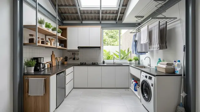 Dapur Kecil Baja Ringan Menyatu dengan Area Cuci Jemur
