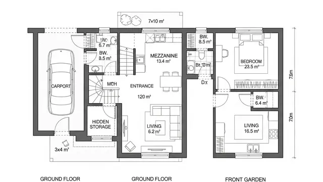 Denah Rumah 7x10 dengan Mezzanine dan Gudang Rahasia (Image by Gemini AI)