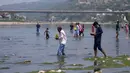 Umat Hindu melakukan ritual dan membenamkan bibit jelai sebagai persembahan saat Festival Navratri di Sungai Tawi, Jammu, India, 10 April 2022. Sesaji tersebut dibuat sebagai bagian dari ritual menandai berakhirnya festival selama sembilan hari. (AP Photo/Channi Anand)