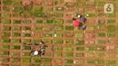 <p>Foto udara memperlihatkan warga berdoa saat berziarah di area pemakaman khusus COVID-19 di TPU Rorotan, Cilincing, Jakarta Utara, Rabu (4/5/2022). Sejumlah tempat pemakaman umum masih dipadati oleh keluarga yang melakukan ziarah di H+3 Lebaran. (merdeka.com/Imam Buhori)</p>