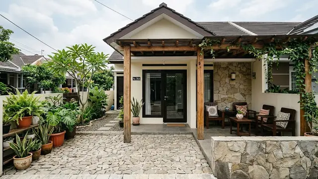 6 Inspirasi Teras Rumah Tipe 36 dengan Sentuhan Batu Alam, Bikin Fasad Makin Estetik
