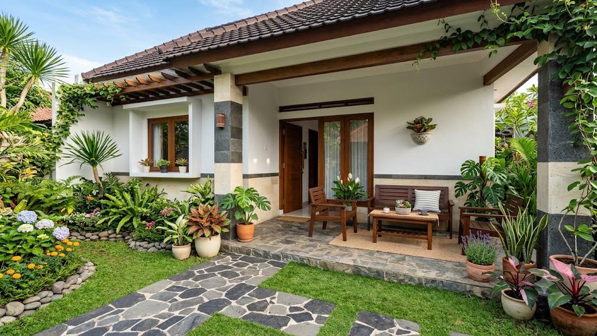 7 Inspirasi Teras Rumah Sederhana dengan Kombinasi Bunga Hias dan Batu Alam